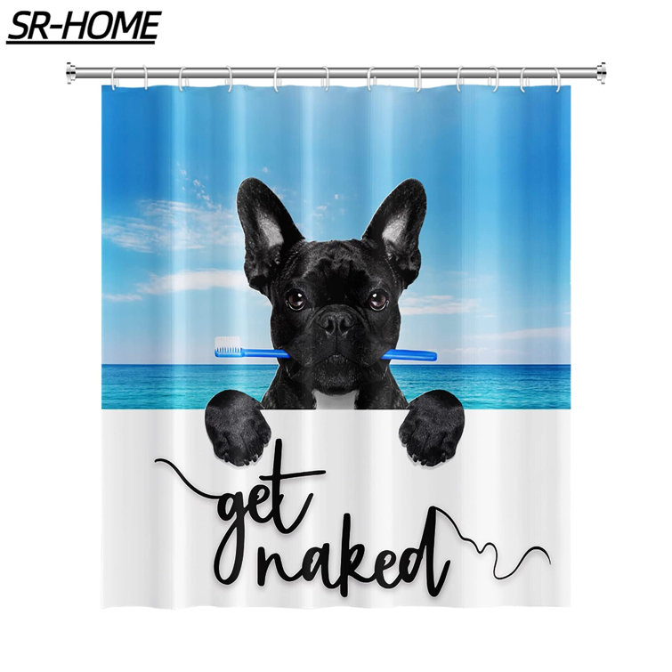 Get Naked Funny Dog Shower Curtain%2C Cute Pet%2C A Black French Bulldog Stands On Beach With A Toothbrush In Its Mouth 
